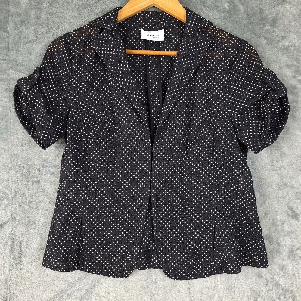 Akris Punto Blazer Womens 8 Black Eyelet Polka Dot Jacket Preppy Pockets Cropped